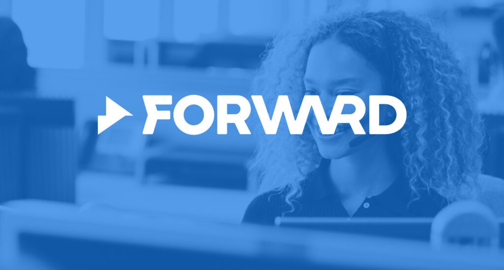 FORWARD logo with arrow icon over a blue-tinted image of a smiling woman wearing a headset at a computer.