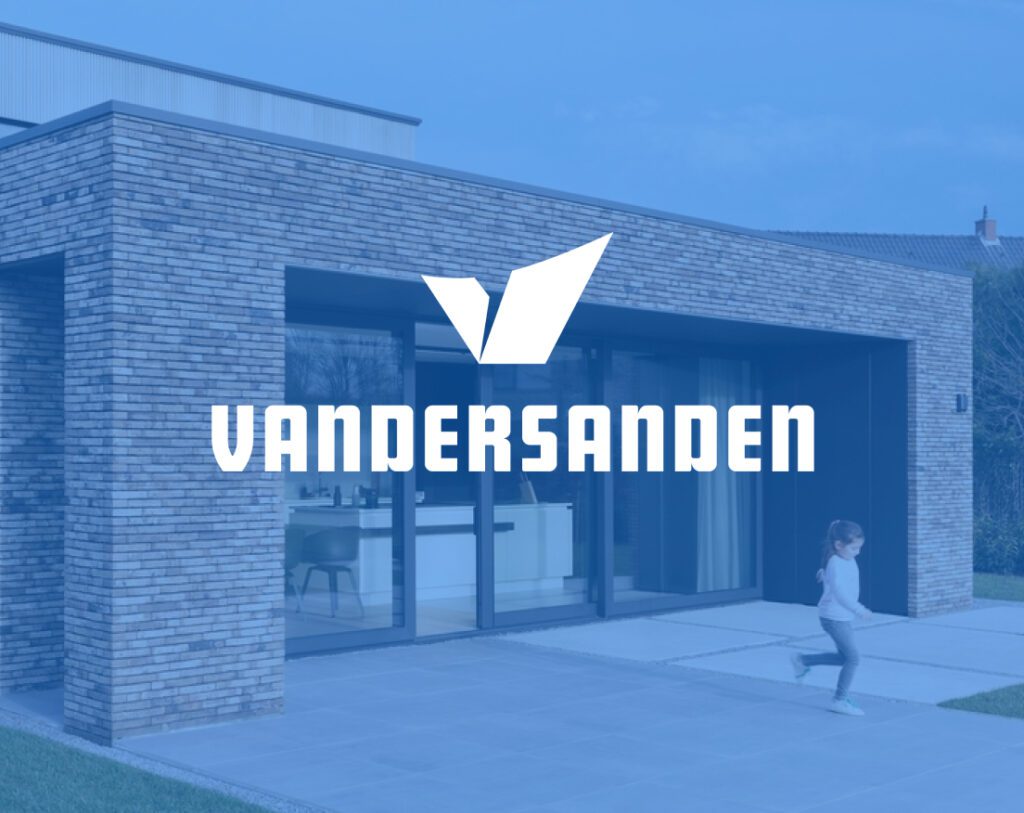 Vandersanden logo overlaid on a modern brick house with large glass windows; a young girl is running across the patio in the foreground.