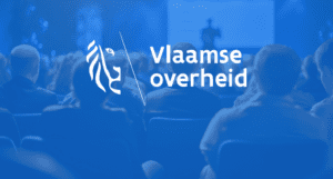 Vlaamse Overheid logo over a blue-tinted photo of people attending a presentation or conference.
