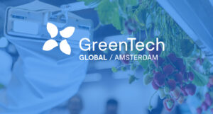 GreenTech Global Amsterdam logo over a blue-tinted greenhouse with strawberries and horticulture tech