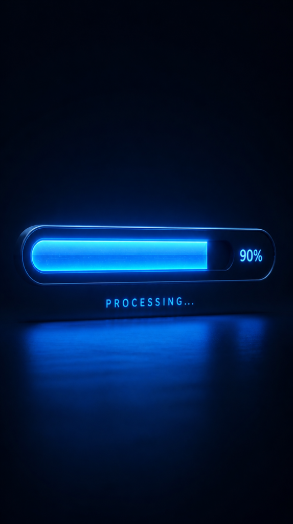 Blue progress bar stalled at 90%, representing an AI agent pilot struggling to reach production.